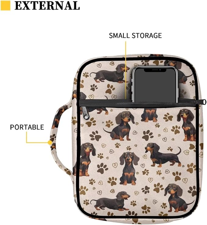 Coldinair Dachshund Cute Bible Cover for Women Men Kids,Protective Book Cover Bible Case Bible Carrier Carrying Organizer Purse Handbag with Zipper Pockets Church Bag