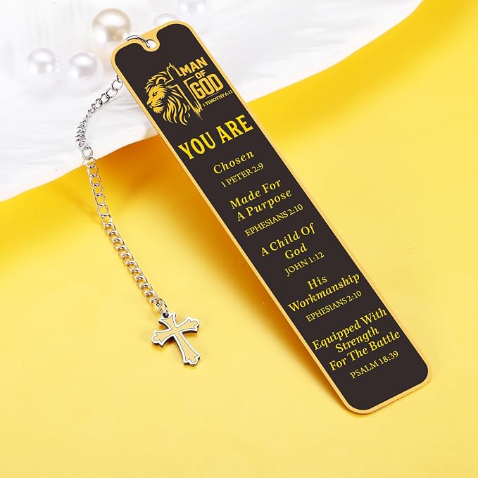 Christian Bookmark for Men, Inspirational Lion Bible Verse Bookmark with Cross Pendant, Religious Scripture Verse Bookmarks for Man Accessories Church Fathers Day Baptism Easter for Pastor Men