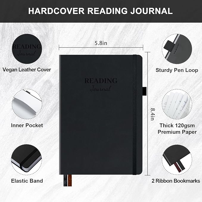 Reading Journal with 104 Book Reviews, Book Journal for Books Lovers & Readers - Review and Track Your Reading Progress, Reading Log Notebook Gift, A5, Black