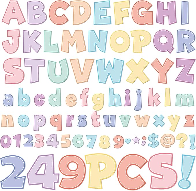 249 Pcs Bulletin Board Letters Set, 4 Inch Colorful Alphabet Numbers & Punctuation Cutouts with Adhesive Dots for Classroom Wall & School Decor (Pastel)