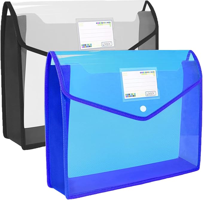 YoeeJob Plastic File Folders Legal Size 2 Pcs, Expandable Document Folder with Snap Button Closure, A4 Expanding File Wallet Envelopes Pouch with Label Pocket, Black&Blue