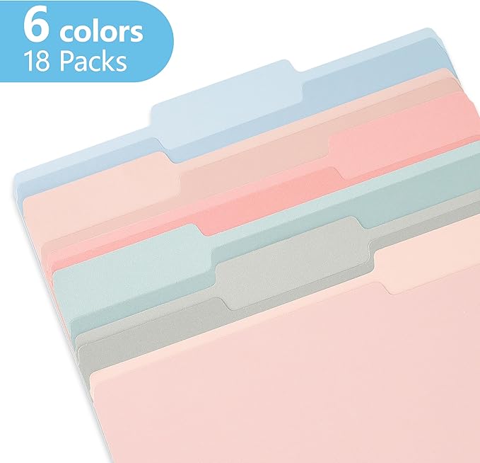 pmybupo Two Tone Colored File Folders,18 Pack 6 Pastel Colors Manilla Folders 8.5x11,Assorted Colors 1/3 Cut Tab File Folders Letter Size,School Business Office Folders for Document