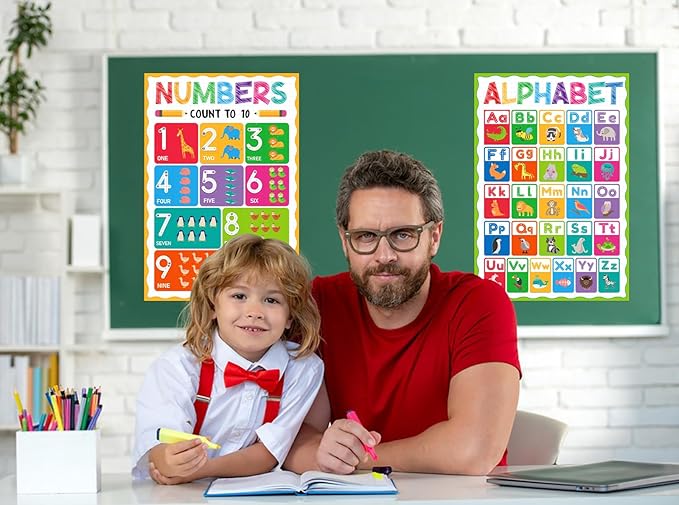 D4DREAM Preschool Poster for Toddlers Kids Laminated Alphabet Poster for Classroom Decorations Number 1-10 Posters 2Pcs Toddler Learning Posters for Pre-k Kindergarten Preschool Homeschool Daycare