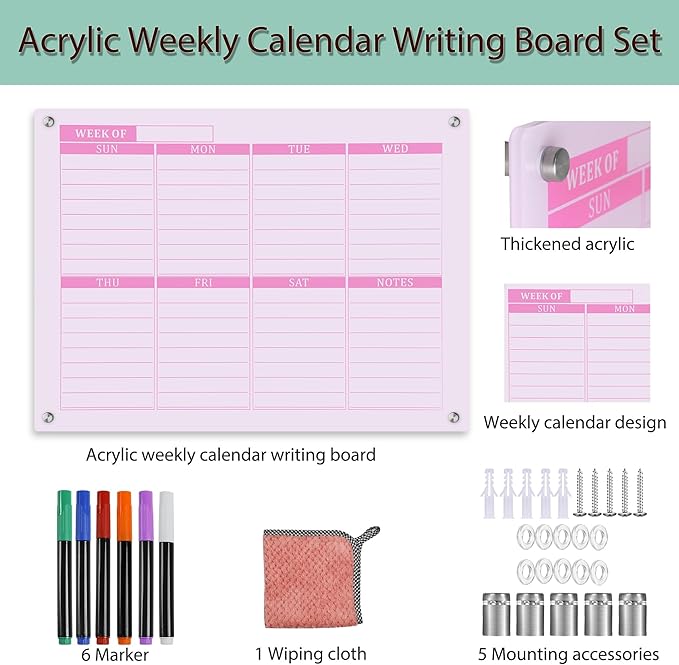 Thickened Acrylic Weekly Dry Erase Board Calendar Planner Whiteboard for Wall,16''x12''-Small,Pink Weekly Planner Whiteboard Schedule Management,6 Markers,1 Wipes,for Home Office-PGZL3040