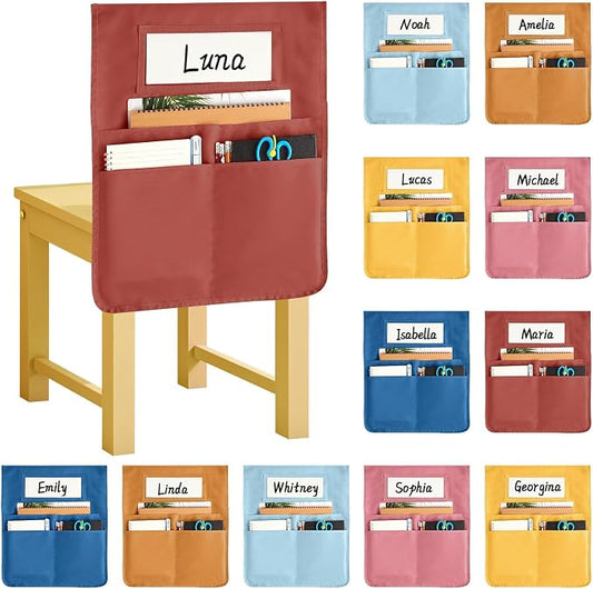 gisgfim 12 Pcs Chair Pockets for Classroom 16.7 x 19.3 Inch s with Name Tag Chairback 3 Pockets Chairs Seat Back Organizer for Elementary School Daycare Home Supply (Groovy)