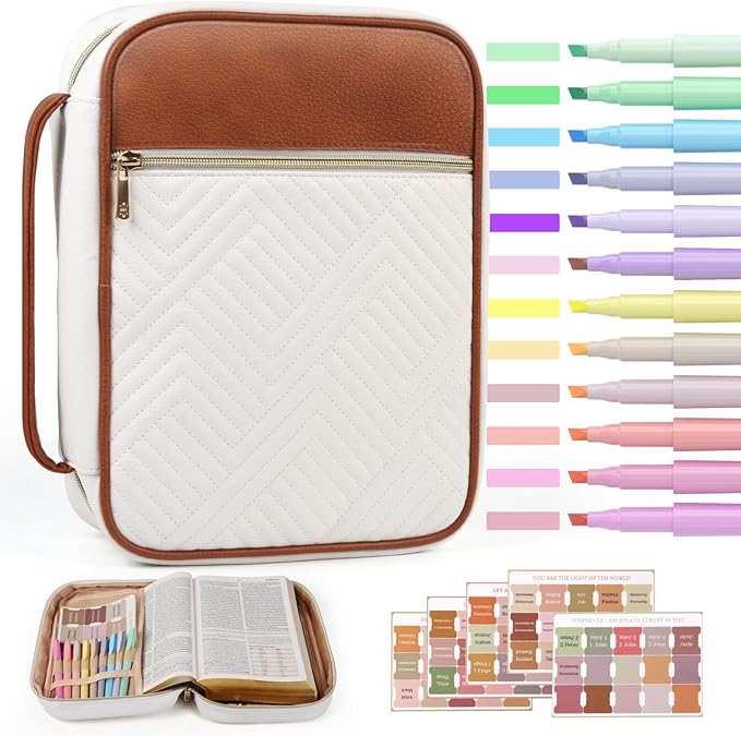 BellaHold Quilted Vegan Leather Bible Cover, Color-Blocked Bible Cover Case for Women, Bible Carrying Case with Handle, Bible Study Supplies & Christian Gift for Women and Girls (White & Brown, TS/S)