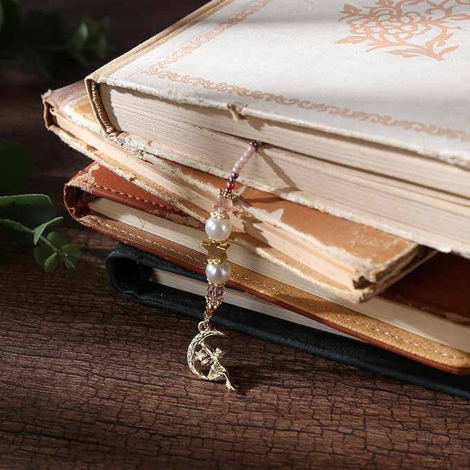 Moon Fairy Strawberry Beaded Bookmark - Pink Gold Beads Book Mark for Women, Unique Whimsical Cottagecore Accessories Bookish Gifts for Booklovers Students Teachers