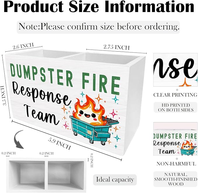 Dumpster Fire Response Team Pen Holder for Desk, Humor Sarcastic Dumpster Fire Wooden Box Sign Desk Decor for Home Office Decoration, Funny Coworker Gifts Pencil Organizer