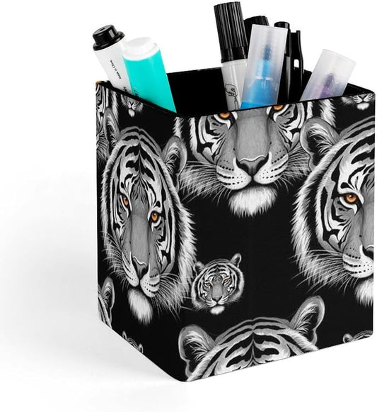 Holder Cup Makeup Brush Storage Organizer, Waterproof Multifunctional Office Supplies, Pen Holder Square Leather Pencil Animal Tiger Black
