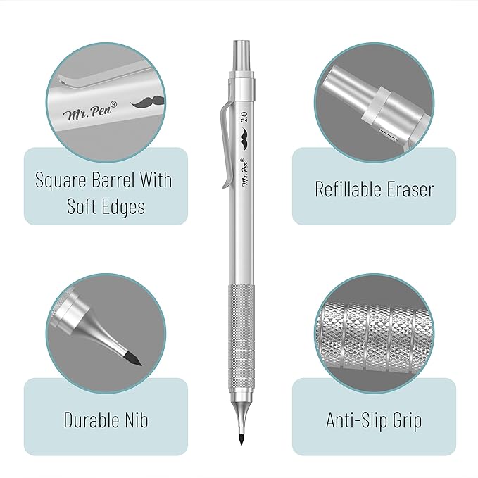 Mr. Pen- Professional Metal Mechanical Pencil Set with Lead Refills & Erasers, 5 Pack, 5 Sizes, 0.3, 0.5, 0.7, 0.9 & 2mm, 6x Tubes HB, 2B & Colored Lead Refills for School Supplies, Drawing, Sketching