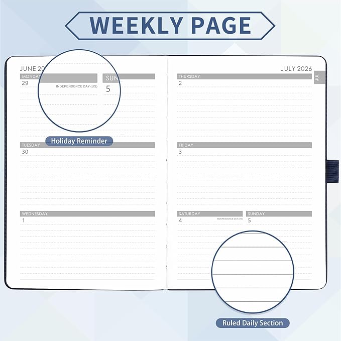 2026-2027 Planner - Academic Planner 2026-2027 Weekly Monthly Planner, July 2026 - June 2027, 5.7'' x 8.4'', Thick Paper, Leather Cover, Pen Holder, Back Pocket, Perfect Daily Organizer - Navy Blue