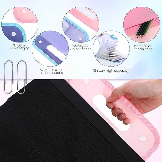 Fulmoon 4 Pcs A4 File Folders,13 Pockets File Organizer with Labels A4 Expanding File Vertical with Portable Receipt Document Organizer for Office School (Light Colors,9.45" X 14.17",Novelty)