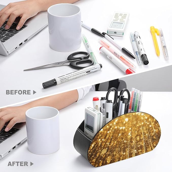 Gold Bling Remote Control Holder with 5 Compartments Leather TV Remote Caddy Remote Storage Box Desktop Organizer for Pen/TV Remotes/Media Controllers/Office Supplies