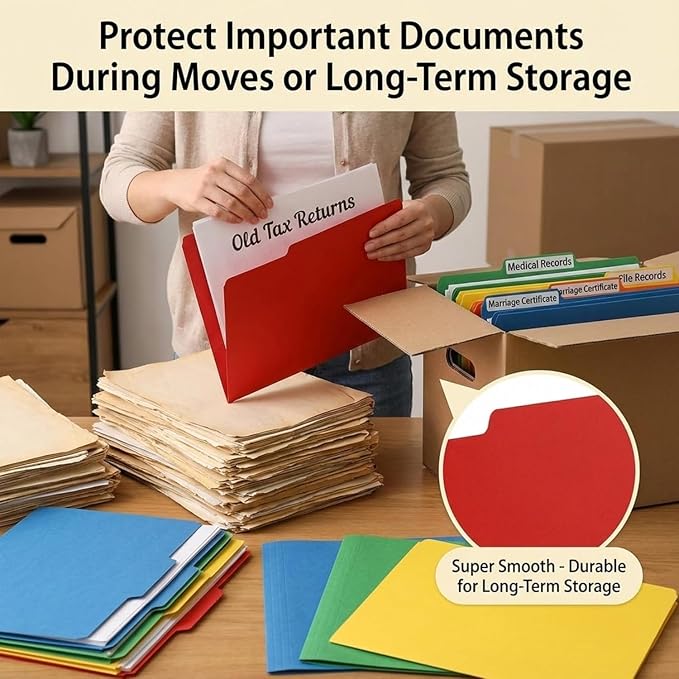 VZCPYTPM Red File Folders,Letter Size (8.5x11 in),1/3-Cut Tabs in Assorted Positions,150 Pack Cardstock Paper Folders for Office,School & Home Filing Cabinet Organization, Bulk Document Folders