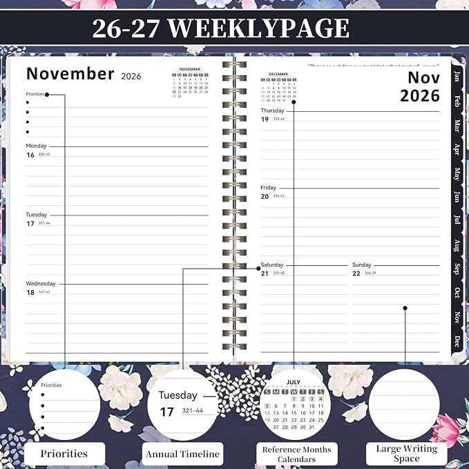 2026-2027 Planner, 12 Months Monthly & Weekly Daily Planner July 2026 - June 2027, 8.5" x 6.2" Hardcover Agenda Organizer with Tabs, Spiral Bound Calendar Notebook for School Work Home, Floral Design (Blue & Floral)