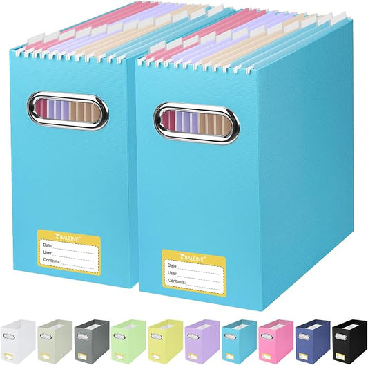 BALEINE File Organizer Box, Cardboard File Folder Organizer with Handle for Letter Size, Portable Collapsible Hanging Filing Box for Home Office Document Storage (2 Pack, Blue)