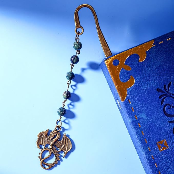 Vintage Witch Brass Metal Copper Bookmark with Dragon and Bead Chain Pendant–Wicked,Handmade Sodalite Bookmarks for Reading Women,Men,Book Lovers,Girls,Teens,Teachers and Students