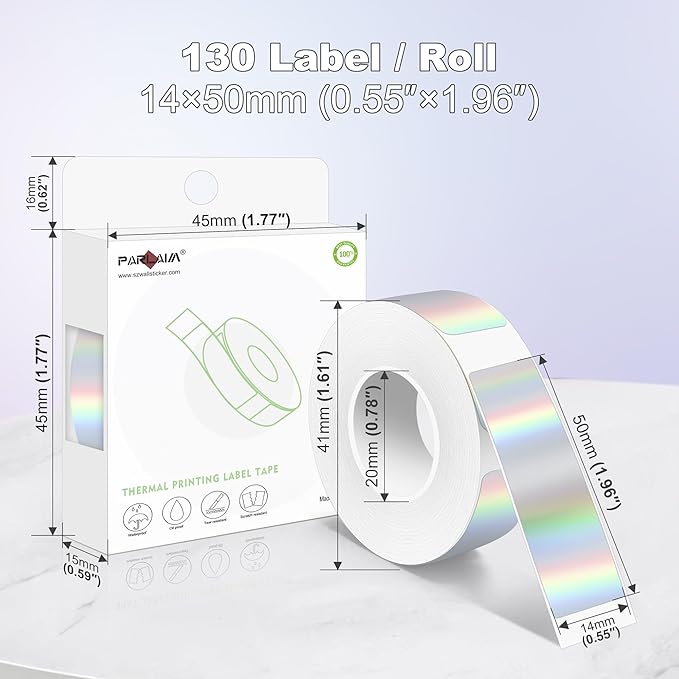 PARLAIM Label Maker Tape,14X50MM(1/2" X1 7/8") Thermal Label Stickers,Thermal self-Adhesive Label Compatible with D30 Label Maker,Thermal Label Paper for Home/Office/130pcs/Roll Holographic Silver
