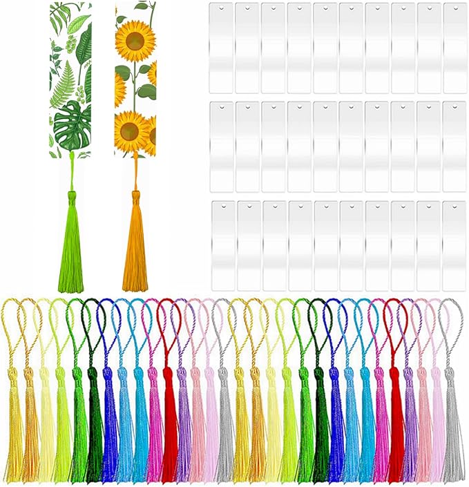 30PCS Acrylic Bookmark Blanks, Clear Acrylic Craft Bookmarks with 30PCS Colorful Tassels, Transparent Rectangle Round Bookmarks Bulk for DIY Crafts Hanging Tag Gift Tag Price Tags- Rectangle