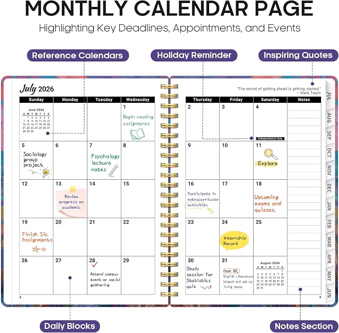 Planner 2026–2027, Academic Year Monthly & Weekly Calendar Book, Jul 2026–Jun 2027, Hardcover Organizer with Tabs, Student & Teacher Planner, 6.3" x 8.5", Painted Fields