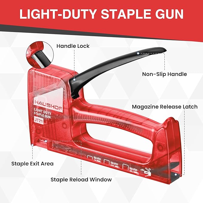 HAUSHOF Light Duty Staple Gun, Upholstery Staple Gun with 800PCS JT21 Staples and Stapler Remover, Fits JT21 Staple of 1/4'', 5/16'' & 3/8'', Used for Wood, Classroom, Crafts, DIY (Red Transparent)