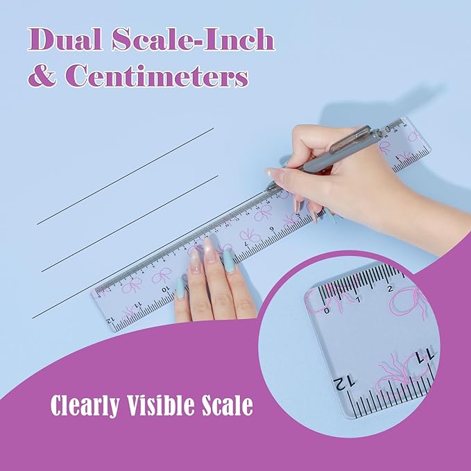 BAYTORY 4Pcs Transparent Acrylic Ruler 12 Inch, Clear Plastic Straight Rulers, Shatterproof Student Stationery Centimeters with Inches, for Classroom Essentials School Supplies (Bowknot 12 Inch)