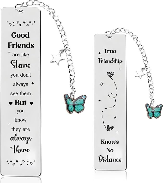 Long Distance - Stainless Steel Bookmark with Blue Enamel Butterfly Charm, Friendship Bookmarks for Book Lovers, Birthday, Graduation, Christmas, Keepsake