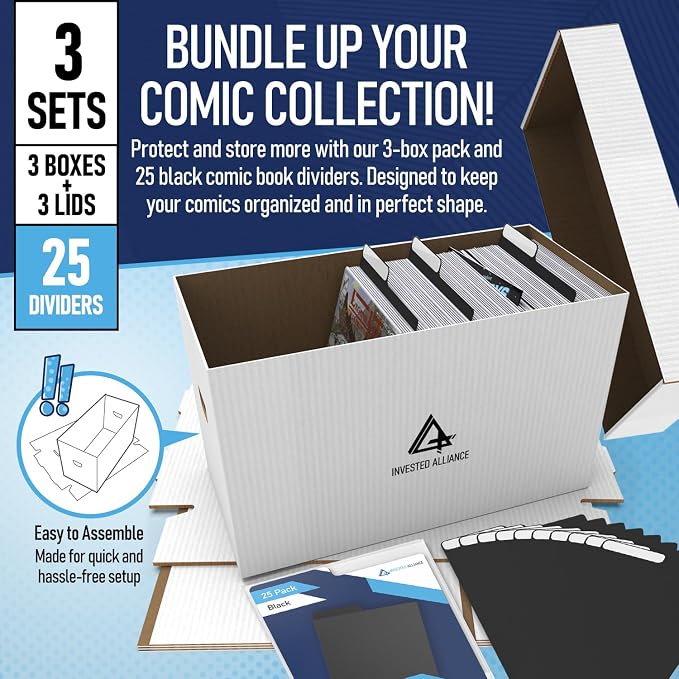 Invested Alliance Bundle Set Premium Short Comic Book Storage Box Organizer with Lid | Thick Cardboard Comic Storage Box For Collectibles Fits 150-175 Current/Silver Age, Heavy Duty & Stackable.