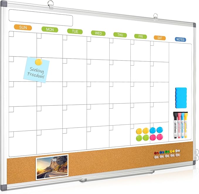 Dry Erase Calendar Whiteboard for Wall, WALGLASS 36" x 24" Double-sided Monthly Calendar White Board Cork Combo, Hanging Wall Mounted Bulletin Corkboards Silver Aluminum Frame for Home, Office, School
