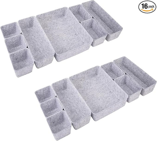 Desk Drawer Organizer Bins, 16pcs Felt Shallow Bathroom Storage Trays, Office Accessories & Workspace Organizers Jewelry & Makeup Boxes Containers(Grey)