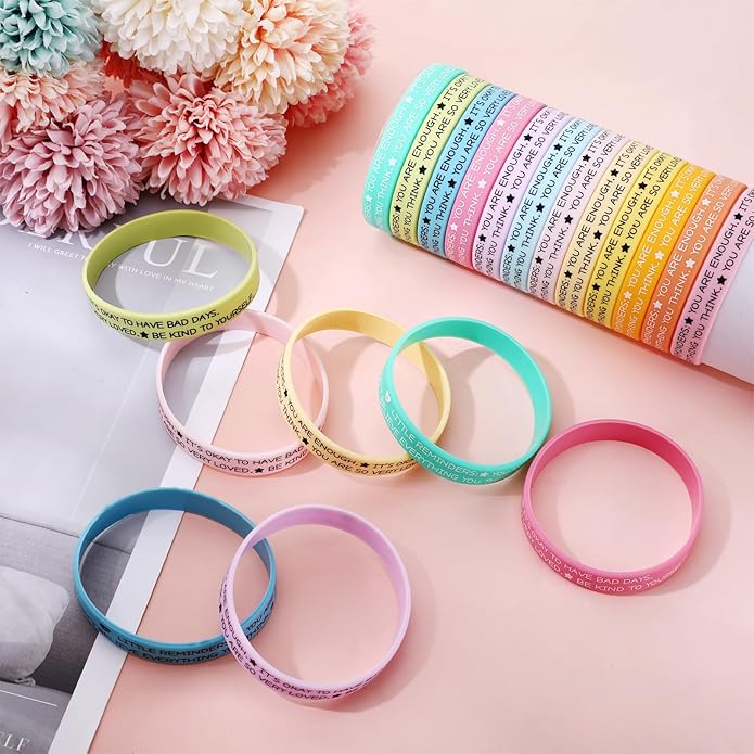 48 Pcs Mental Health Bracelets, Mental Health Awareness Items Motivational Bracelets Inspirational Stretch Silicone Wristbands Counseling Therapy Gift Positive Gifts for Teens Men Women