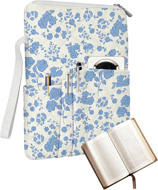 Blue Floral Quilted Bible Bag for Women, Bible Sleeve Cover with Zipper & Pen Pockets, Cute Bible Bag Book Sleeve, Washable Bible Case for Girls, Christian Gift 10x8 Inch