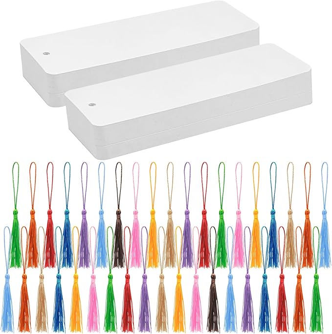 DSYIL 100 Set Blank Bookmarks with Colorful Tassels, White Cardstock Bookmarks Bulk, Craft Paper Book Marks for DIY Projects and Gifts Tags, 5.5 x 2 Inch