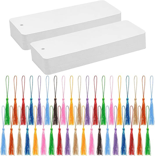 DSYIL 100 Set Blank Bookmarks with Colorful Tassels, White Cardstock Bookmarks Bulk, Craft Paper Book Marks for DIY Projects and Gifts Tags, 5.5 x 2 Inch