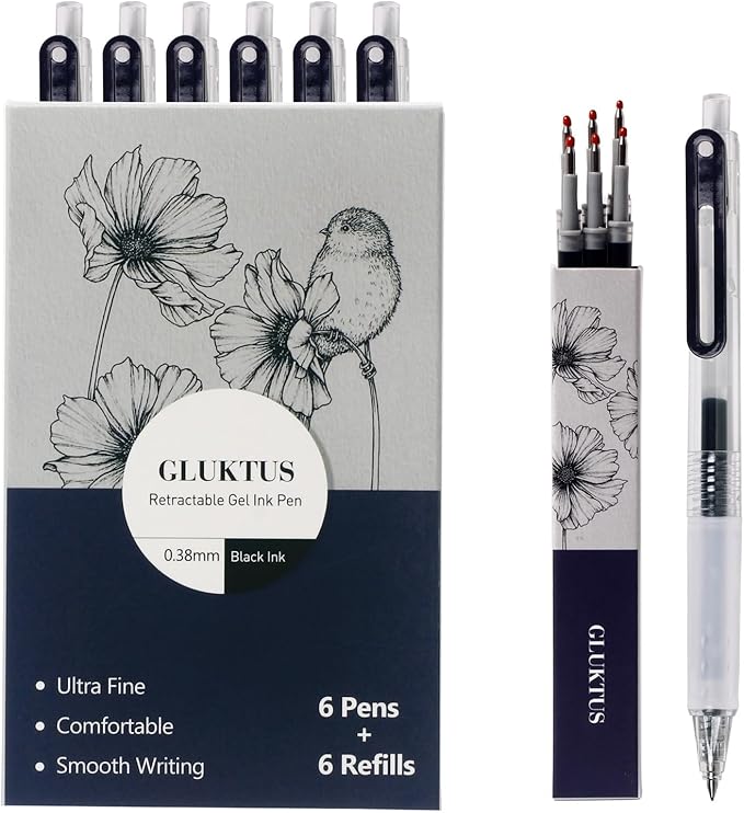 Pens & Pen Refills Set : 6 Gel Pens +6 Refills,0.38mm Black Pens Fine Point Smooth Writing Office Supplies