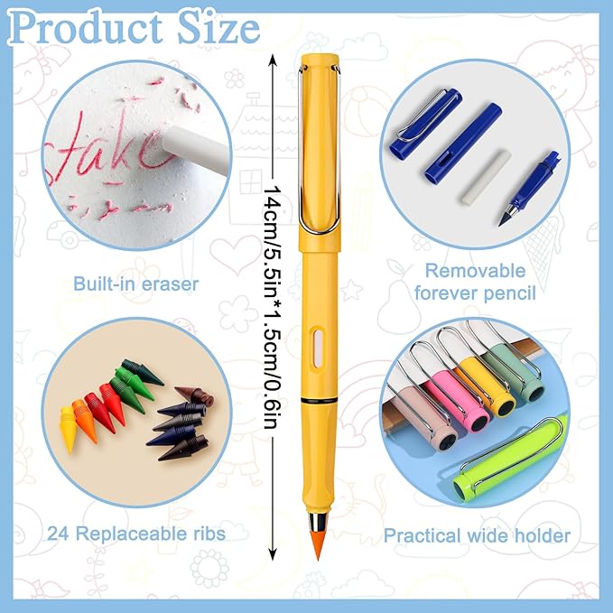 12 Pcs Colored Eternal Pencils with 24 Replacement Nibs, Forever Pencil, Infinity Pencil with Eraser for Writing Drawing and Home Office School Supplies
