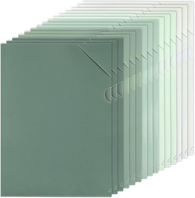 Kisston 15 Pack Green Clear Plastic Folders Sleeves Project Pockets for Letter Size 12.1x8.8, L-Shaped Transparent File Jacket for School Office Desk Supplies