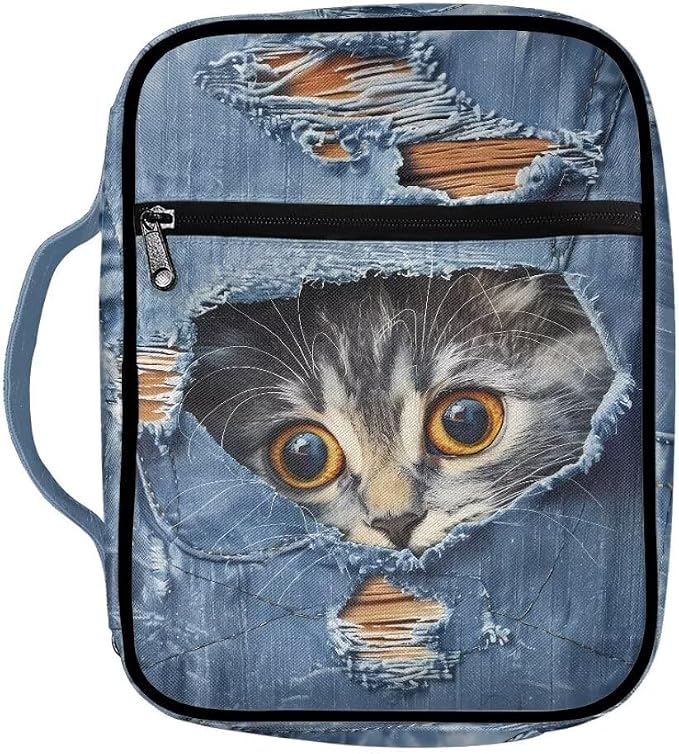 Coldinair Denim Cat Bible Cover Case for Women Men,Carrying Book Cover Bible Holders with Handle and Zippered Pocket,Fits for Standard/Large Size Bible