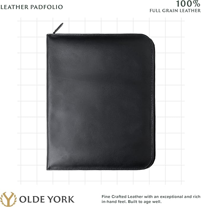 OLDE YORK Leather Padfolio — Leather Binder Portfolio for Men, Padfolio for Men & Women — 100% Authentic Top-Grain Leather (Black)