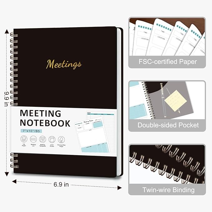 Meeting Notebook for Work Organization, Work Planner Notebook with Action Items, Project Agenda Planner for Note Taking, 160 Pages (6.9" X 9.9"), Perfect Office School Business Supplies for Women & Men (Black)