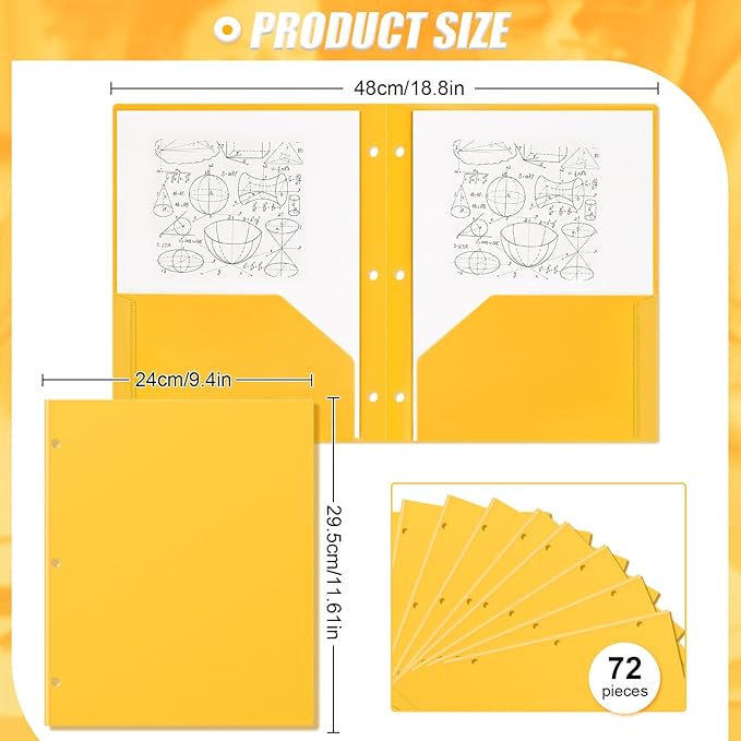 Yeaqee 72 Pcs Plastic Folders with Pockets Bulk 3 Hole Punched 2 Pocket File Folders for 3 Ring Binder Divider Folder for Notebooks, Durable Poly for Office Home (Yellow)