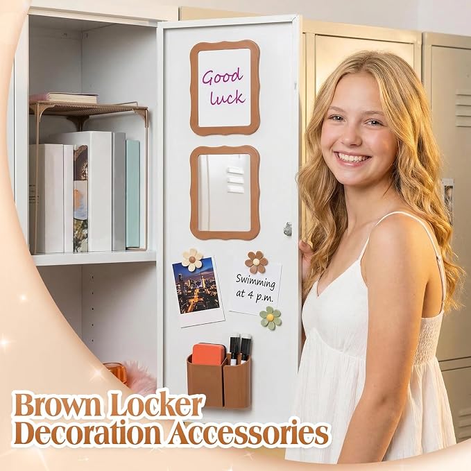 Colarr 16 Pcs Brown Locker Accessories for Girls Includes Magnetic Whiteboard & Mirror Locker Shelf Pen Holder 2 Dry Erase Marker & Eraser 9 Flowers for Back to School Essentials Decoration