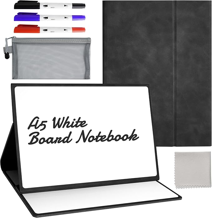 Portable Dry Erase White Board Notebook 6" x 9" (A5), Small Double Sided Folding Reusable Whiteboard with Stand, Anti-Ghosting Surface Foldable Notebook with 3 Markers & 1 Pen Bag, for Draft, Meeting