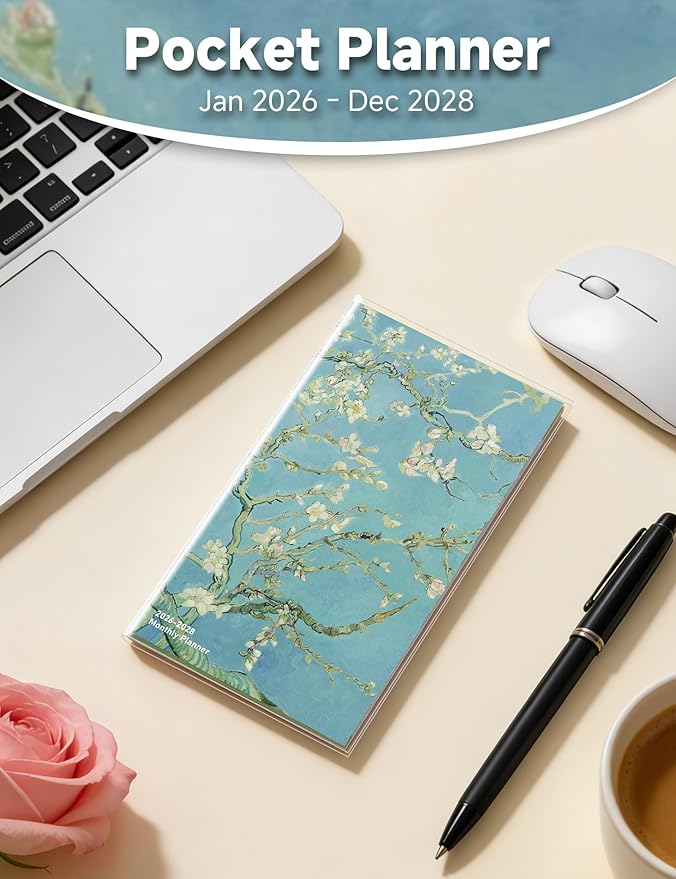 Pocket Calendar 2026-2028 Art Series, Monthly Planner Jan 2026 to Jul 2028 (3.7" x 6.7") Perfect Purse Calendar, Pocket Agenda with Protective Plastic Sleeve-Almond Blossom