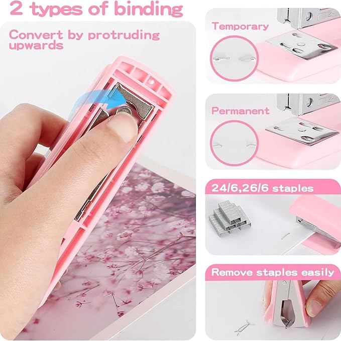 Office Supplies Set Pink 13 Pcs with Rotating Pen Holder Stapler Tape Dispenser Scissors Ruler Clips Kit for Desk Organization School Home Workplace Accessories and Employee Gifts (Pink)
