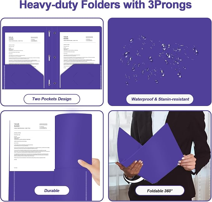 Two Pocket Folders with Prongs, LAYZZ 60 Pack Poly Plastic Folders, Heavy Duty Plastic Folders with Pockets and Prongs, Letter Size, for Offices and Schools (Purple)