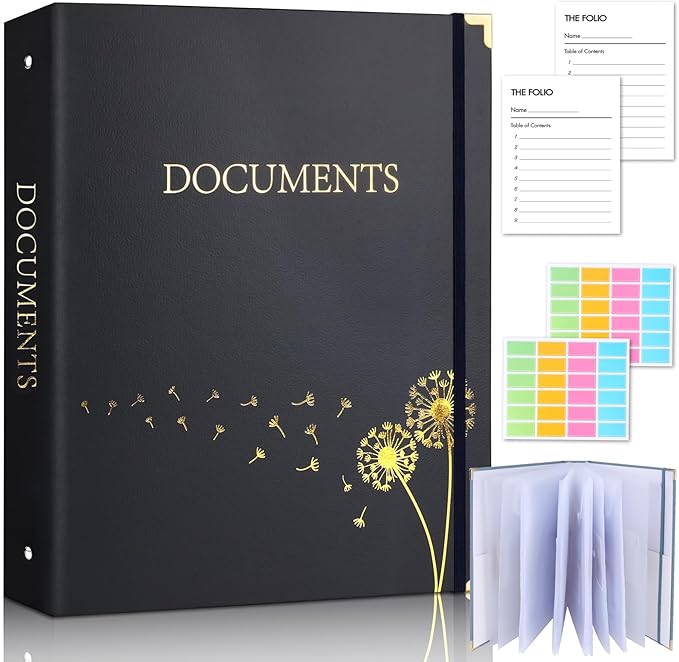 XKDOUS Important Document Organizer Emergency Binder Life Organizer Folio Folders with 9 Pockets Expanding File Storage Holder for Papers, Letters, Cards, Bills, Passports, Photos