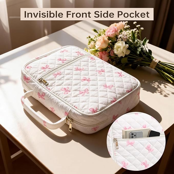 Bible Cover Case for Women Large Bible Cover Bag Quilted Bible Carrying Case for Girls Bible Study Supplies Accessories Christian Gifts for Women (New Pink Bow, Large)