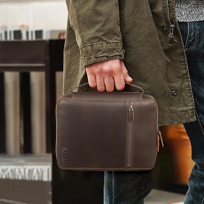 Polare Cowhide Leather Bible Cover Church Bag Bible Protective Book Holder Carrying Case Folder Organizer Portfolio (Dark Brown-Medium)