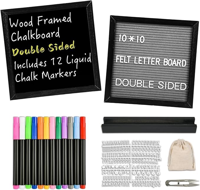 10" x 10" Double Sided Chalkboard Sign with Stand, Small Chalk Board Blackboard Wood Frame Felt Letter Board with 12 Chalk Markers and 340 Letters (Black)